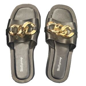 Black with Chain Detail Chunky Slides Size 38